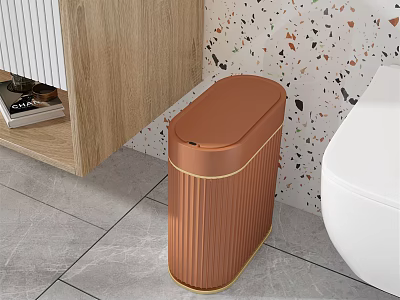 Public Facility With Brown Trash Can White Toilet Colorful Speckled Wall And Gray Tile Floor 3d model