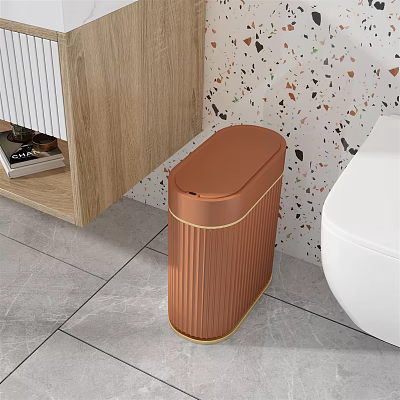 Public Facility With Brown Trash Can White Toilet Colorful Speckled Wall And Gray Tile Floor 3d model