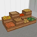 Wooden Display Shelves with Fresh Vegetables and Fruits in Layered Storage Bins