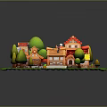 3D Cartoon Village Scene With Small Houses Red Roofs Green Grass Trees Well And Fences