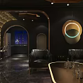Modern KTV Interior With Lighting Design Comfortable Sofas Tables And City Night View 3d model