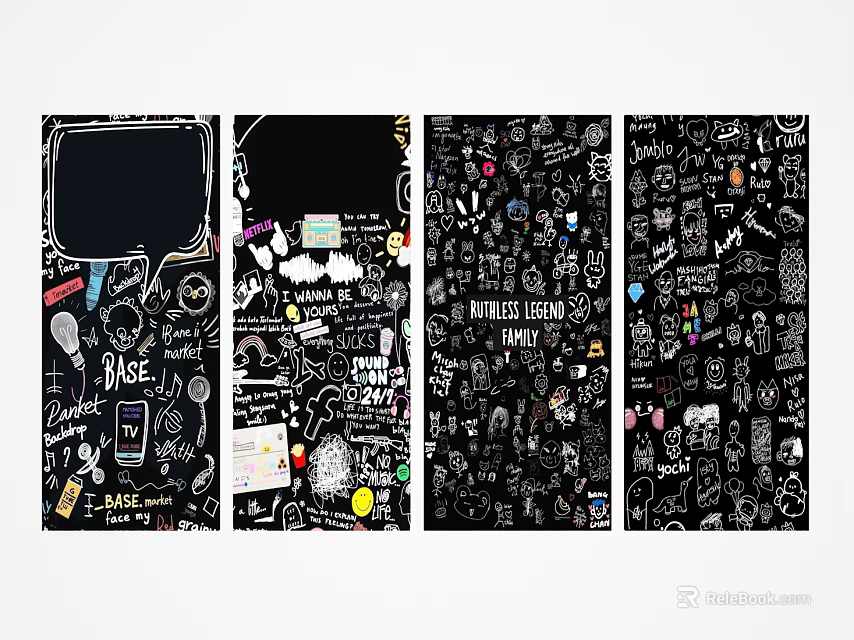 Creative Hand Drawn Graphics With Doodles Icons And Text On Black Background 3d model 