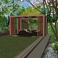 Residential Landscape With Lush Trees Greenery Wooden Deck Walkway Outdoor Seating And White Umbrella