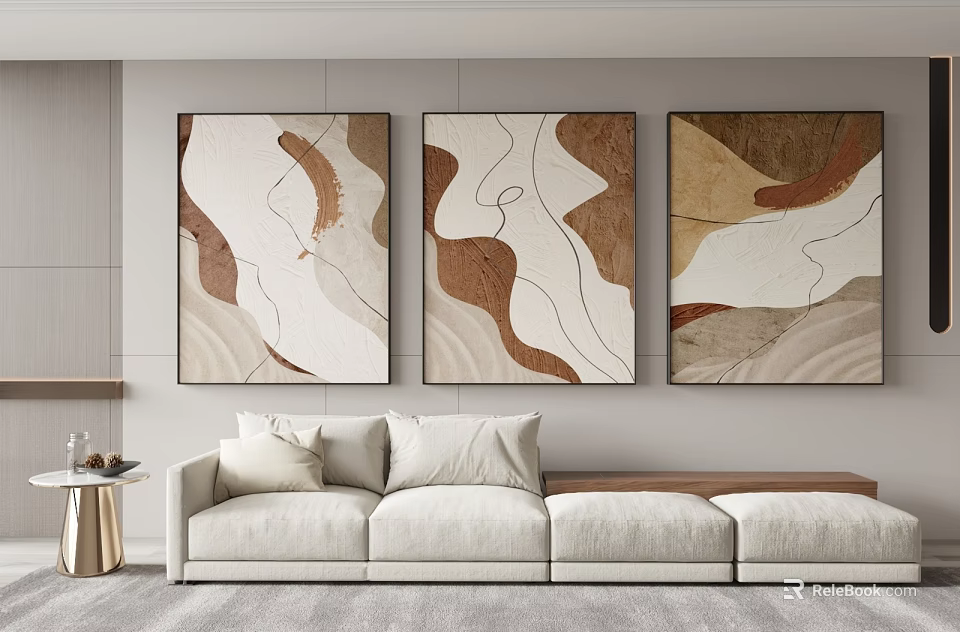 Modern Living Room Interior With Triptych Abstract Paintings Beige Sofa And Gray Carpet 3d model 