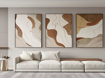 Modern Living Room Interior With Triptych Abstract Paintings Beige Sofa And Gray Carpet 3d model