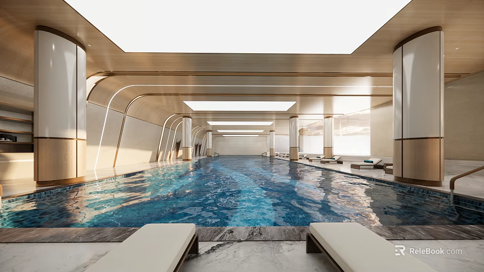 Clubhouse Indoor Swimming Pool Interior with Luxurious Design Natural Light and Lounge Chairs 3d model 