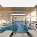 Clubhouse Indoor Swimming Pool Interior with Luxurious Design Natural Light and Lounge Chairs