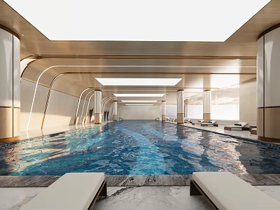 Clubhouse Indoor Swimming Pool Interior with Luxurious Design Natural Light and Lounge Chairs 3d model