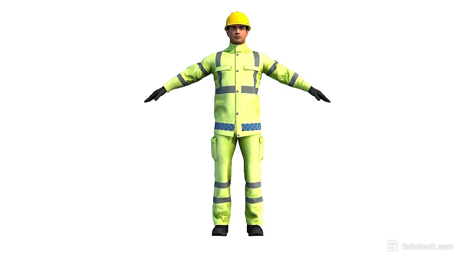Worker in Yellow Safety Suit and Hard Hat Standing with Arms Outstretched 3d model 