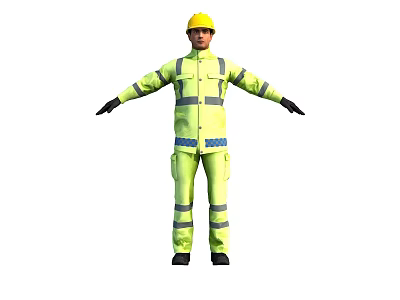 Worker in Yellow Safety Suit and Hard Hat Standing with Arms Outstretched 3d model