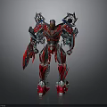 Red And Silver Mechanical Robot With Complex Armor And Weapon Standing Pose