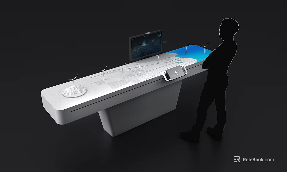 Interactive Display Table With Monitor Windmill Models And Tablet For Tech Demonstration 3d model 