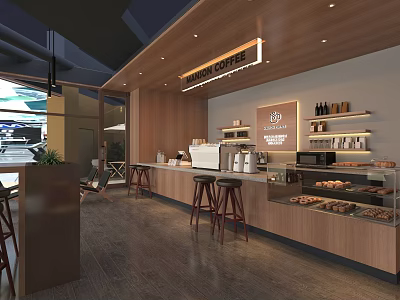 Modern Cafe Interior With Wooden Bar Counter Coffee Equipment Bar Stools And Pastry 3d model
