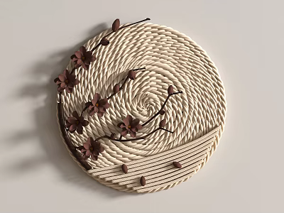 Elegant Handwoven Circular Wall Hanging With Beige Woven Texture Brown Branches And Flowers 3d model