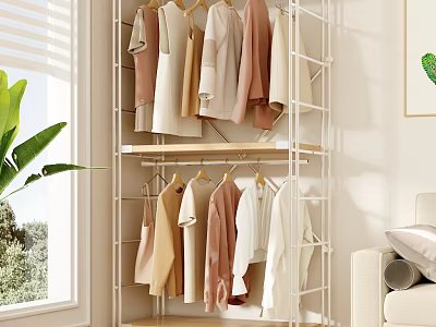 Modern Garment Rack With Light Colored Clothes In Home Interior Near Window And Green Plant 3d model