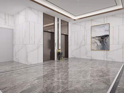 Modern Elevator Lobby With Marble Walls Polished Flooring Elevator Doors Decorative Artwork And Recessed Lighting 3d model
