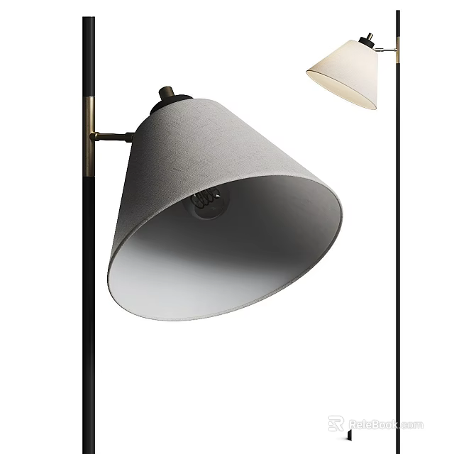 Modern Floor Lamp With Black Metal Frame And Grey Fabric Conical Shade 3d model 