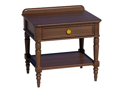 Dark Brown Wooden Bedside Table With Drawer Yellow Knob Lower Shelf And Decorative Legs 3d model