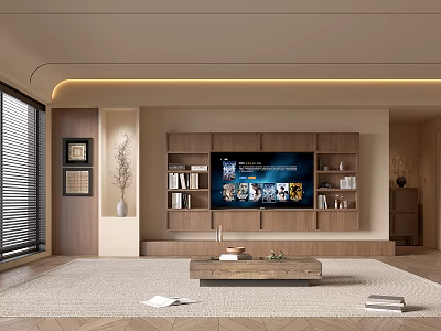 Modern Living Room Interior With TV Wall Wooden Cabinets Bookshelves Coffee Table And Rug 3d model