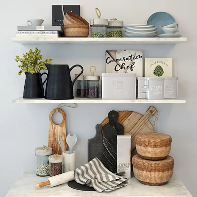 Organized Kitchen Utensils On White Shelves With Black Pitchers Wooden Cutting Boards And Wicker Baskets 3d model