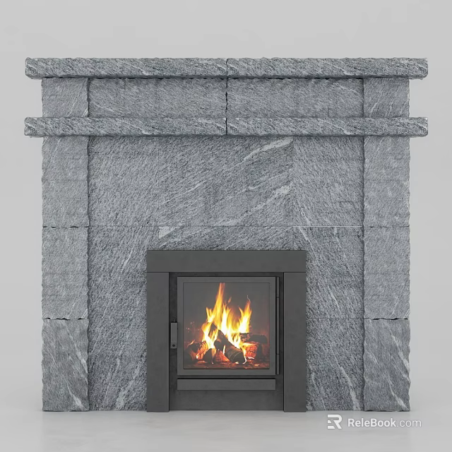 Natural Stone Fireplace with Burning Flames and Classic Mantel Design Features 3d model 