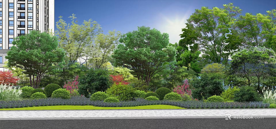 Diverse Plant Combination With Trees Shrubs And Colorful Flowering Plants In Garden Landscape 3d model 