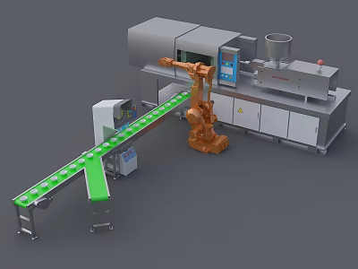 Automated Industrial Equipment Production Line With Robotic Arm And Green Conveyor Belt 3d model