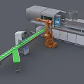 Automated Industrial Equipment Production Line With Robotic Arm And Green Conveyor Belt