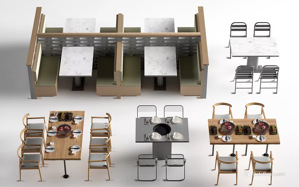 Booth Style And Standalone Dining Tables With White Tabletops Wooden Frames And Chairs 3d model 
