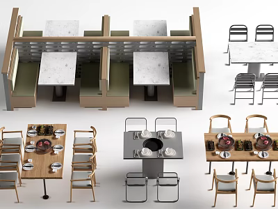 Booth Style And Standalone Dining Tables With White Tabletops Wooden Frames And Chairs 3d model