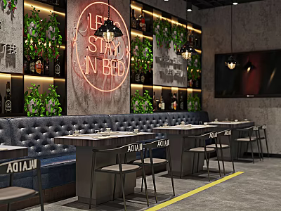 Modern Restaurant Interior With Neon Sign Green Plants Leather Booths And Dining Tables 3d model