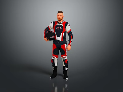 Game Movie Character Wearing Red Black Racing Suit Holding Helmet Standing In Full Body Pose 3d model