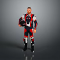 Game Movie Character Wearing Red Black Racing Suit Holding Helmet Standing In Full Body Pose