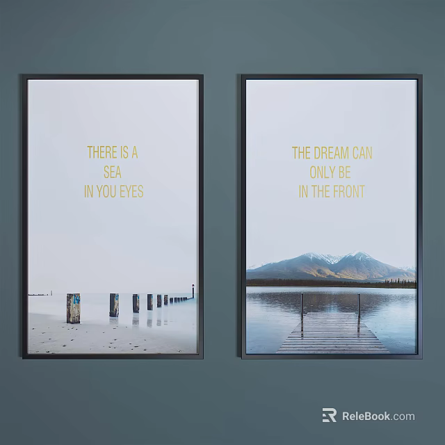 Two Landscape Paintings With Sea Pier Mountains Lake And Inspirational Text 3d model 