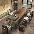 Modern Wooden Tea Table with Marble Top and Matching Chairs in Interior with Tea Sets