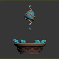Wooden Stone Decorative Bowl Featuring Blue Crystal Water and Suspended Turquoise Sphere with Orange Coils
