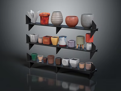 Decorative Flower Pots On Multi tiered Shelf With Various Colors And Shapes 3d model