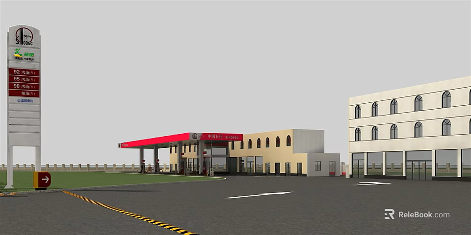 Modern Gas Station Building With Red Canopy Fuel Pumps And Parking Area 3d model 