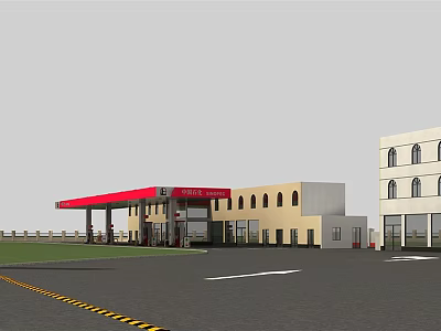 Modern Gas Station Building With Red Canopy Fuel Pumps And Parking Area 3d model