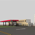 Modern Gas Station Building With Red Canopy Fuel Pumps And Parking Area