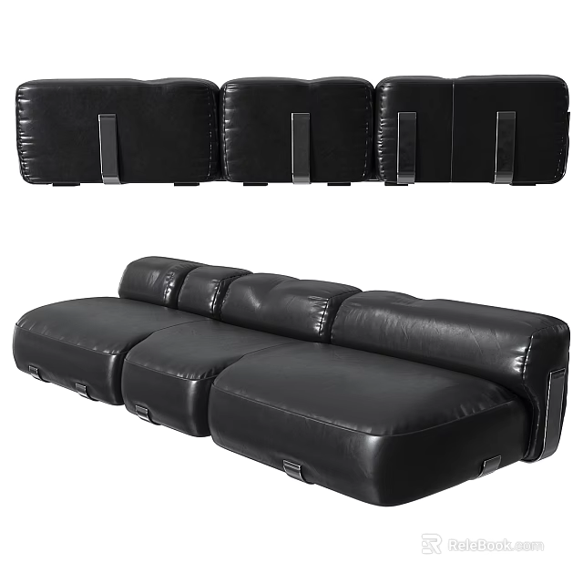 Black Leather Three Seater Sofa With Modern Modular Design And Comfortable Seats 3d model