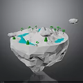 Low Poly Floating Island Scene With White Rocks Blue Water And Green Trees
