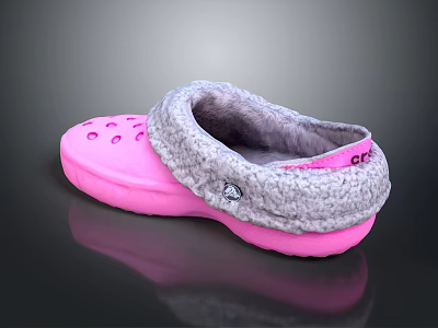 Pink Crocs Slippers With Holes Gray Fuzzy Collar And Soft Interior 3d model