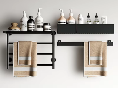 Black Bathroom Shelves And Towel Racks With Towels And Toiletries 3d model