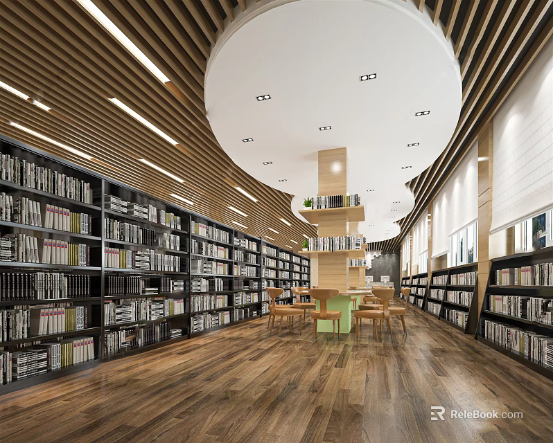 Book Art Themed Library Interior With Wooden Flooring Circular Ceiling And Numerous Bookshelves 3d model 