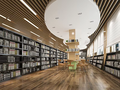 Book Art Themed Library Interior With Wooden Flooring Circular Ceiling And Numerous Bookshelves 3d model