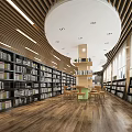 Book Art Themed Library Interior With Wooden Flooring Circular Ceiling And Numerous Bookshelves