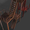 Industrial Metal Staircase With Multiple Platforms Red Railings And Support Columns 3d model