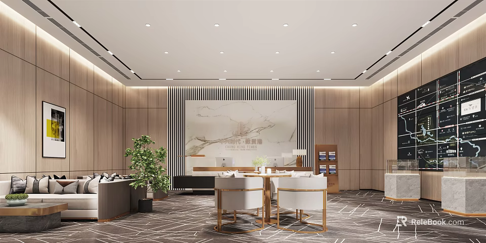 Modern Elegant Sales Office Interior With Reception Sofa Green Plant Backdrop Wall And Lighting 3d model 