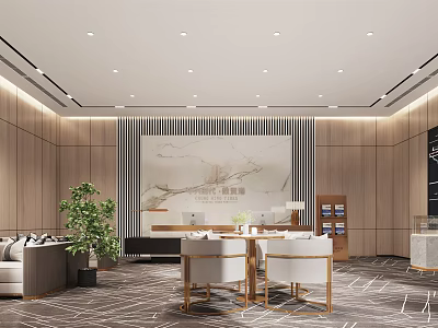 Modern Elegant Sales Office Interior With Reception Sofa Green Plant Backdrop Wall And Lighting 3d model